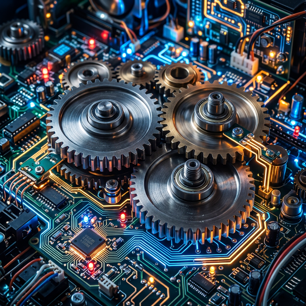 Metal gears interlocked on an electronic circuit board with illuminated pathways